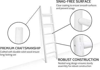 FUIN 57in Wood Blanket Ladder Living Room Decorative Wall Leaning Farmhouse Quilt Display Holder Rustic Wooden Towel Rack for Bathroom, White