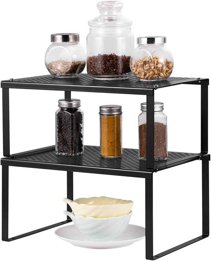 NEX Cabinet Organizer Shelf Set of 2, Kitchen Counter Stackable Shelves, Expandable Spice Rack Pantry Organizers Bathroom Storage Riser, Metal, Black
