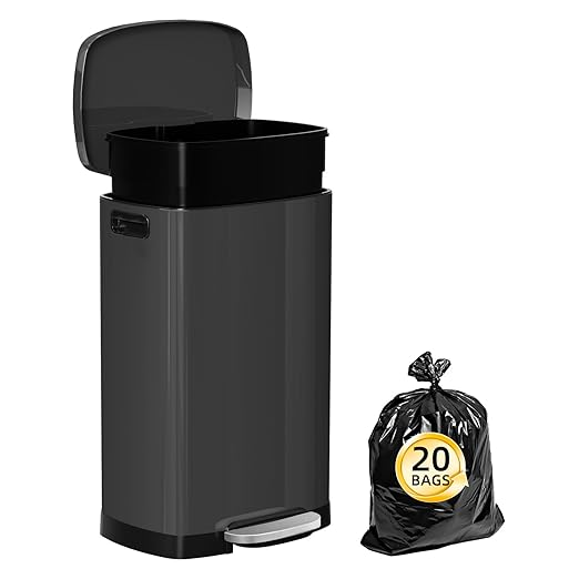 KdbK 13 Gallon Trash Can with Lid, 50L Fingerprint Proof Stainless Steel Kitchen Trash Can with Removable Inner Bucket and Lid Soft Close, Pedal Rubbish Bin for Home Office, Titanium Black