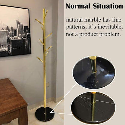 Jolitac Metal Coat Rack Stand Golden Satin Steel Finish Stable Marble Base, High-Grade with Hooks Metal Tree Hat & Coat Hanger Floor Free Standing Wall Bedroom Easy Assembly (Golden)