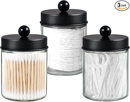 3 Pack Apothecary Jar Canisters Bathroom Vanity Organizer - Qtip Holder Storage Organizer Set Countertop Canister with Stainless Steel Lids &Cute Stickers for Qtips,Cotton Swabs,Makeup Sponges,Floss