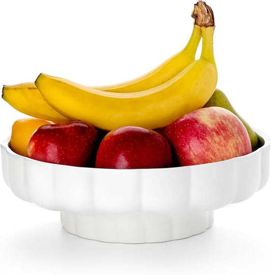Nucookery Ceramic Petal Fruit Bowl for Kitchen Counter, 11 Inch Modern Decorative Bowl, Elegant Fruit & Vegetable Storage Container, Large Bread Basket, White