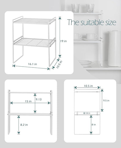 Shantton 2Pack Kitchen Cabinet Shelf Counter Organizer Rack Pantry Storage Bathroom Bedroom Office Table Desk Space Saving Stackable Rust Resistant Non Slip White Tall Wide L16.1in W10.6in H9.5in