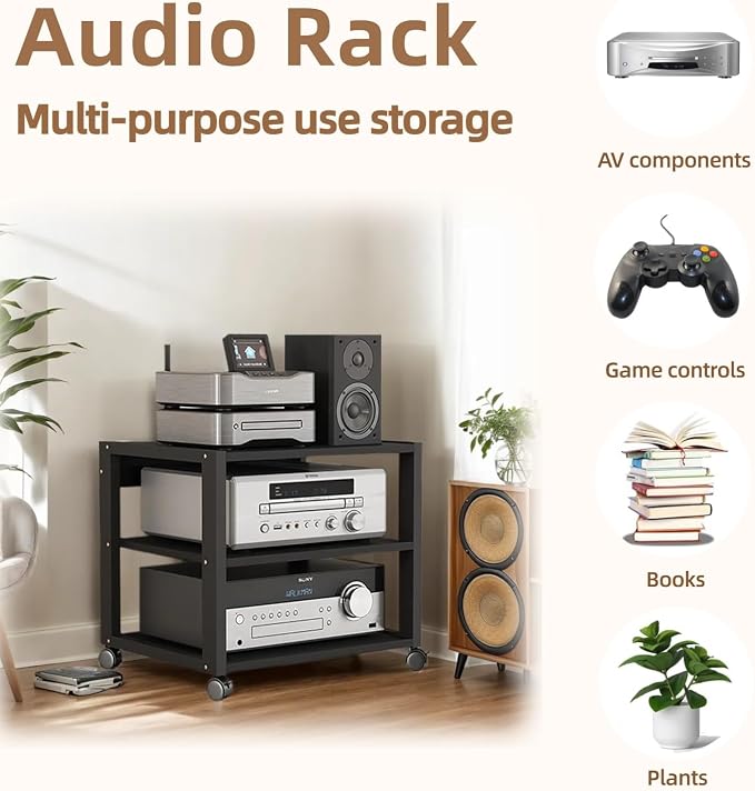 3 Tier AV Media Stand, Audio Rack Tower Stereo Components Cabinet, Home Theatre CD Record Player Stereo Receiver Equipment Rack with Adjustable Wood Shelves, Load 220lbs (Black)