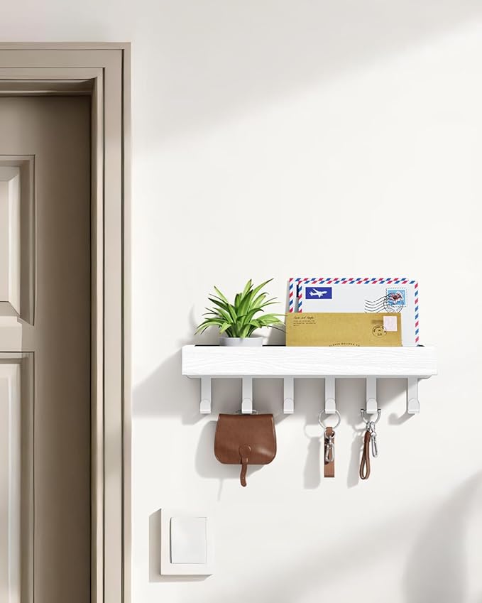 Key Holder Wall Mount Adhesive Magnetic - Hanging Key Hooks with Mail Organizer Tray for Wallet House Accessories - Keys Hanger Rack with Shelf for Camper Entryway Door Home Living Room Decor White