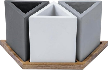 MyGift Modern Concrete Desk Organizer Set with 3 Triangular Gray-Tone Pen Holders and Acacia Wood Tray, 4-Piece Office Storage Solution for Pens, Pencils, and Supplies