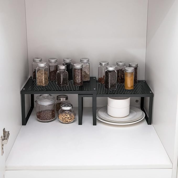 NEX Cabinet Organizer Shelf Set of 2, Kitchen Counter Stackable Shelves, Expandable Spice Rack Pantry Organizers Bathroom Storage Riser, Metal, Black