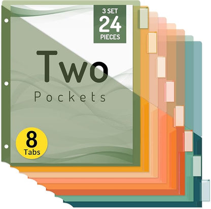 Forvencer 8 Count Dividers with Two Pockets, 8 tabs Binder Dividers for 3 Ring Binder Organizer, Multicolor, 3 Sets