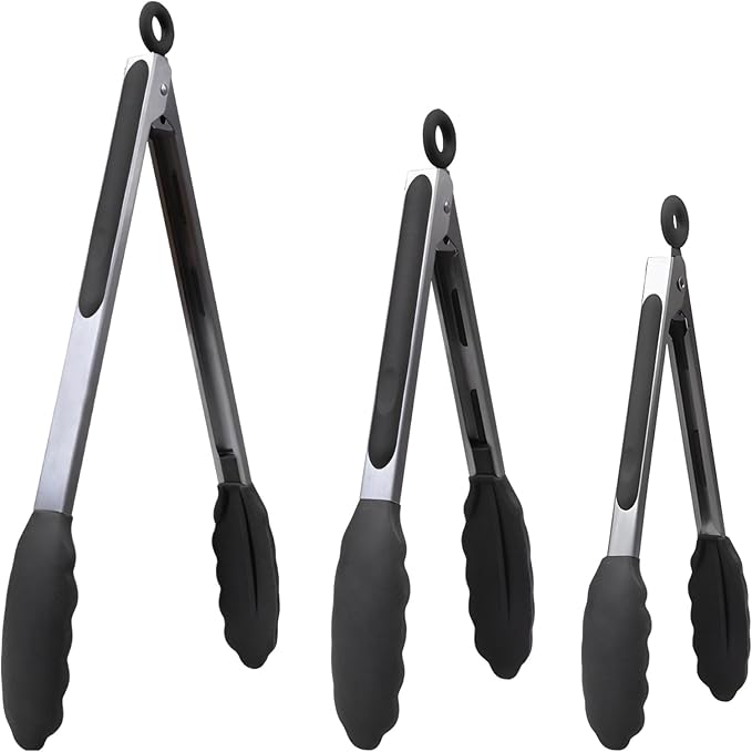 IOCBYHZ Kitchen Silicone Tongs for Cooking with Nonslip Silicone Tips, 600°F Heat Resistant Cooking Food Tong Set Heavy Duty Stainless Steel Handle for Baking Grilling Serving, 3 Pack (7" & 9" & 12")