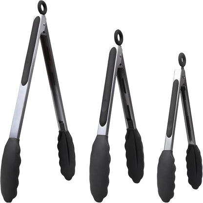 IOCBYHZ Kitchen Silicone Tongs for Cooking with Nonslip Silicone Tips, 600°F Heat Resistant Cooking Food Tong Set Heavy Duty Stainless Steel Handle for Baking Grilling Serving, 3 Pack (7" & 9" & 12")