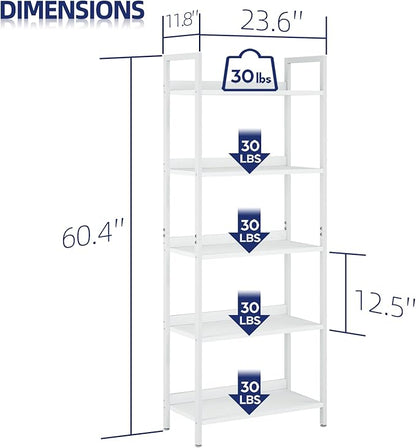 NUMENN Bookshelf, 5 Tier Bookshelves, Home Office Bookcase Shelf Storage Organizer, Free Standing Storage Shelving Unit for Bedroom, Living Room and Home Office, White