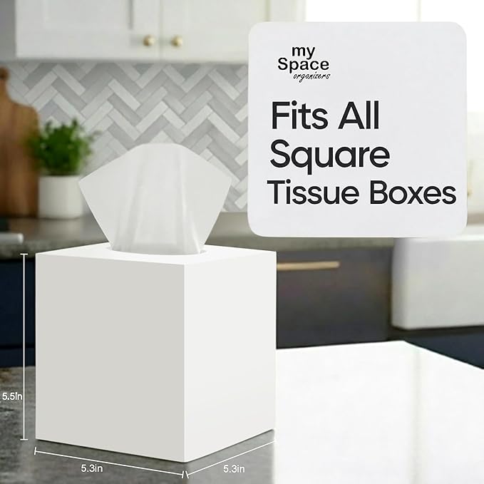 My Space Organizer - Premium Acrylic Tissue Cover | Fits Standard Square Tissue Box | White Cube Holder for Bathroom | 5.3" x 5.3" x 5.5"