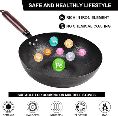 12.8" Carbon Steel Wok-11Pcs Woks & Stir Fry Pans Wok Pan with Lid, No Chemical Coated Chinese Woks with 10 Cookware Accessories, Flat Bottom Wok for Electric, Induction,Gas Stoves