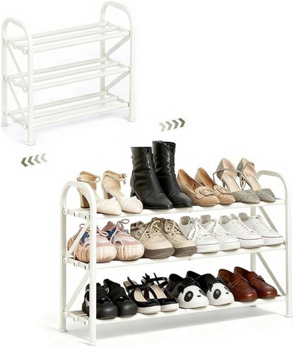 3-Tier Shoe Rack for Closet, 16"-33" Expandable ShoeRackAdjustable for Entryway Closet Doorway SturdyMetal, White