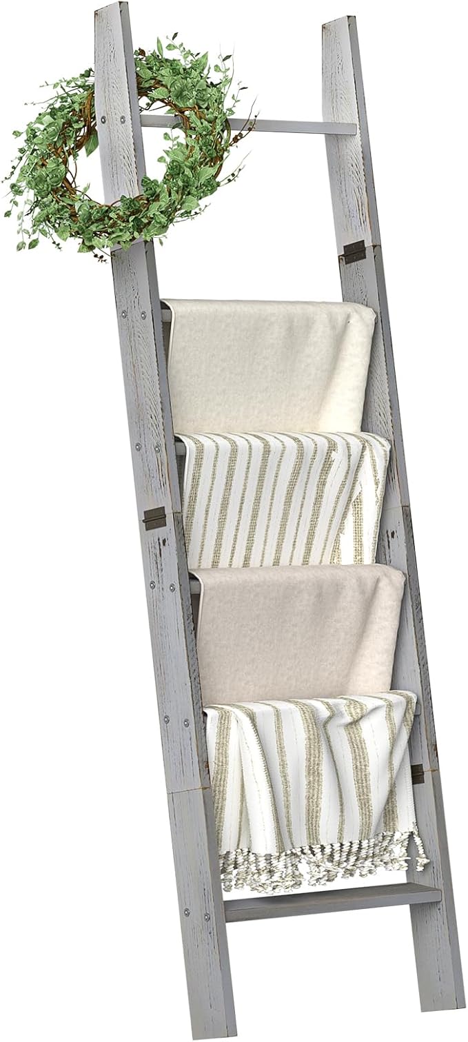 Honest Blanket Ladders for the Living Room, 6-Tier Blanket Holder, Wall-Leaning Blanket Rack, Ladder Shelves, Wooden Quilt Ladder, Farmhouse Decor, Grey