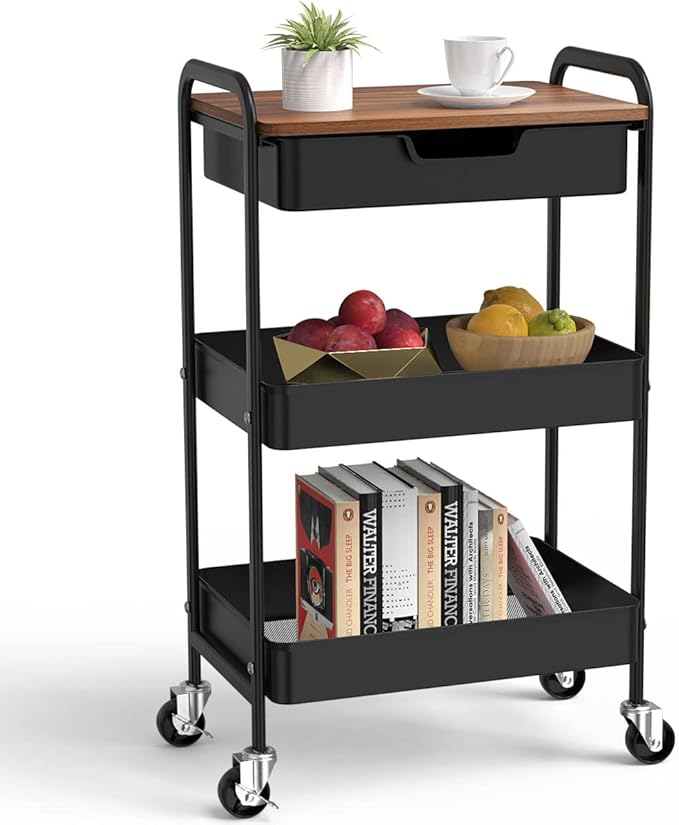 Aratan 3 Tier Rolling Cart with Drawer, Metal Utility Cart on Wheels Storage Cart with Wood Top, Kitchen Cart Art Cart Organizer for Bathroom Office Balcony Living Room