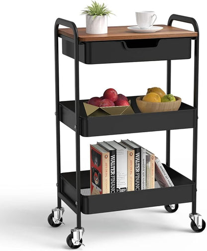 Aratan 3 Tier Rolling Cart with Drawer, Metal Utility Cart on Wheels Storage Cart with Wood Top, Kitchen Cart Art Cart Organizer for Bathroom Office Balcony Living Room