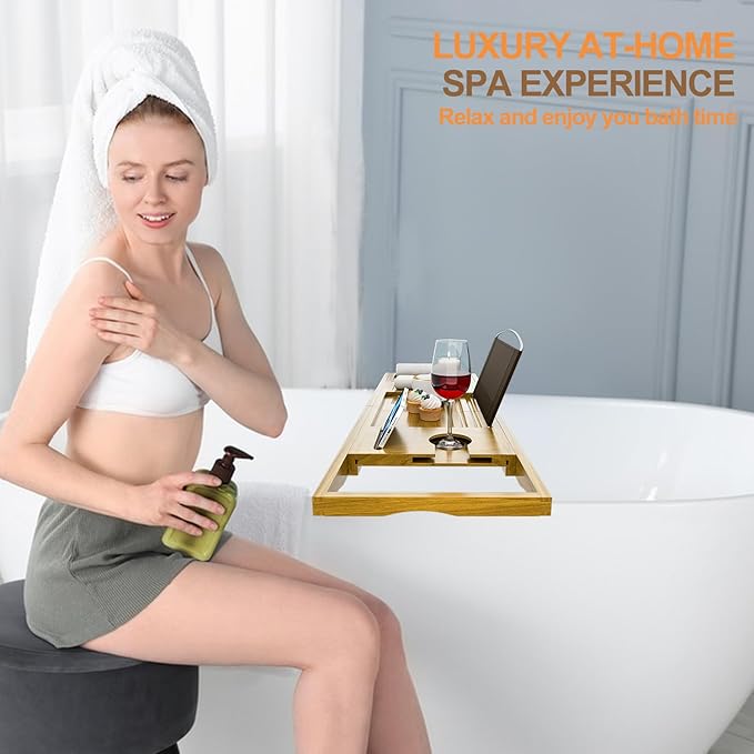 Bath Accessories - Cup Holders - Bathtub Tray Caddy - Bath Tray Expandable - Bath Tub Table Tray Caddy - Bamboo Bath Tray for Tub