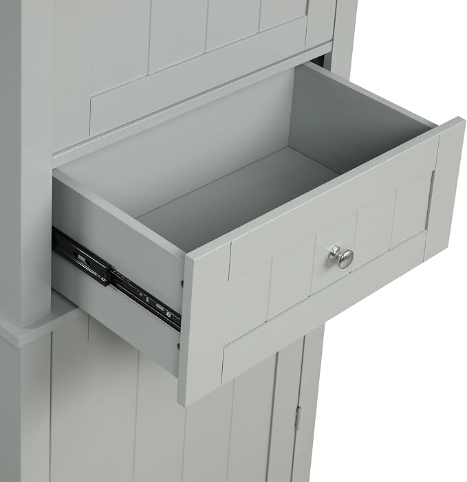 Bathroom Storage Cabinet, Tall Cabinet with Adjustable Shelf | Tall bathroom storage cabinet, 2 enclosed cabinets and middle pull-out compartment keep daily essentials organized