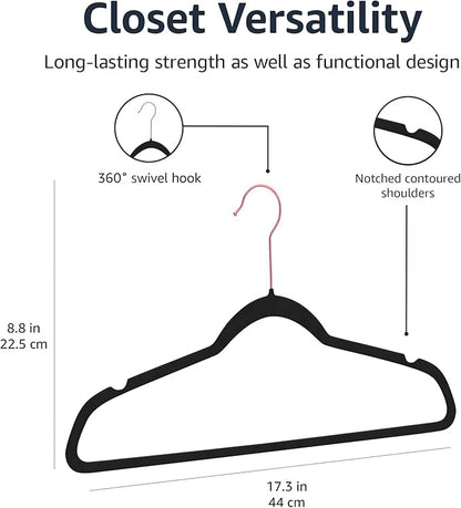 Amazon Basics Slim Velvet Non-Slip Space Saving Suit Clothes Hangers, Closet Organizer, Black/Rose Gold, 100-Pack