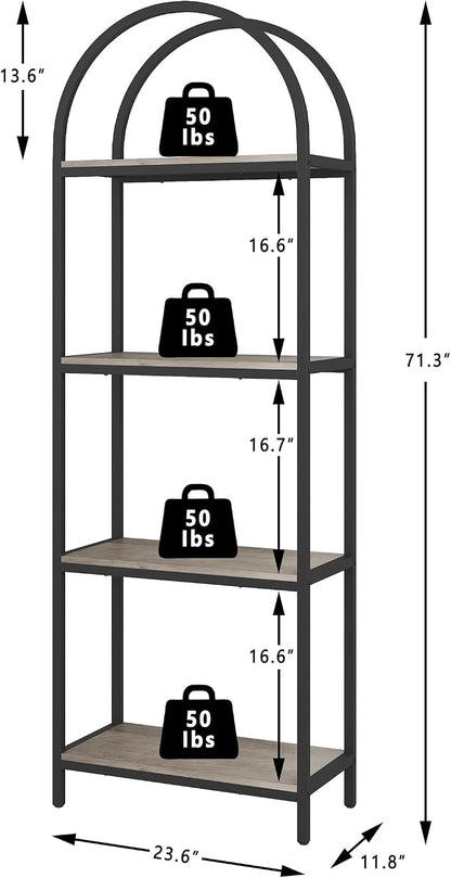 Yusong Bookshelf 4 Tier Arched Bookcase, 71.3" Tall Industrial Open Book Shelves for Living Room, Modern Freestanding Display Shelving Storage Rack Metal Frame, Office, Bedroom, Grey
