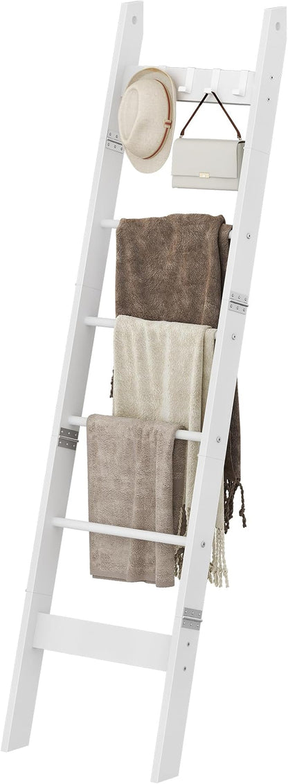 Hzuaneri Blanket Ladder for Living Room, Decorative Quilt Rack with 4 Removable Hooks, 6-Tier Farmhouse Ladder Holder Shelf Organizer for Bedroom, White BR31513W