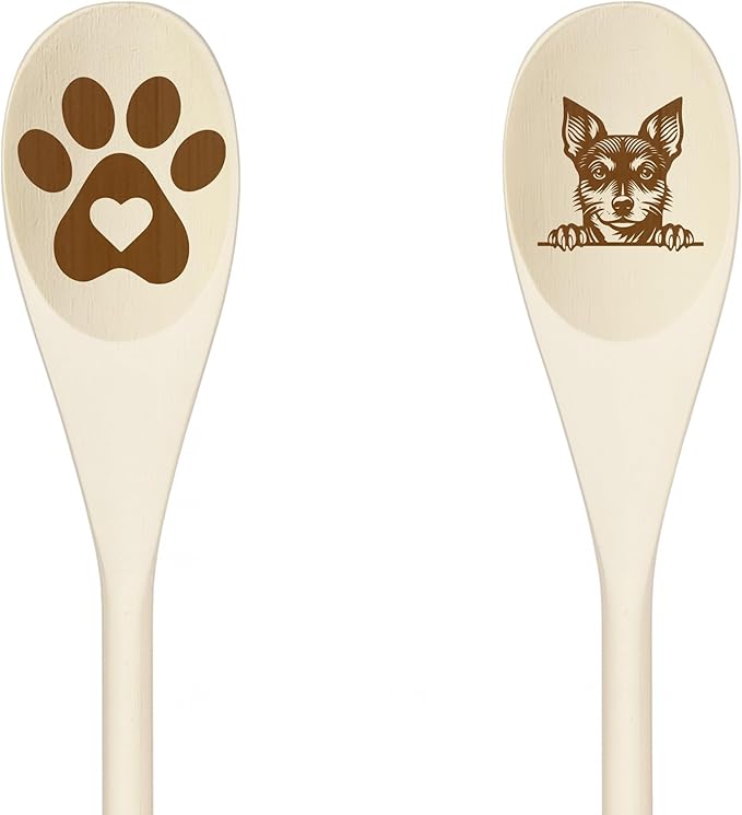 RAT TERRIER Wooden Spoons for Cooking, Serving or Decorative Kitchen Utensils Set Dog Lover Dog Mom/Dad Gift with Peeking Dog Designs, Paw Print and Dog Head, Kitchen Utensils Set of 2
