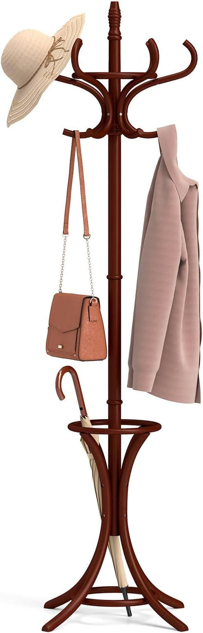 Tangkula Coat Rack with Umbrella Holder, 73 Inch Freestanding Coat Hanger Stand with 12 Hooks, Wooden Entryway Coat Tree for Clothes, Bags, Hats, Scarves, Living Room, Bedroom, Hallway (Reddish Brown)
