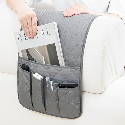 RETON Sofa Armrest Organizer with 5 Pockets, Non Slip Remote Control Caddy with 8 Pieces of Hook and Loop Fasteners, Armchair Caddy Holder Storage for Magazine Recliner Book TV Phone (Gray)