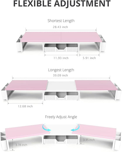 OPNICE Wood Desk Organizers and Accessories, Dual Monitor Stand Riser with Drawer and 2 Pen Holders, Desk Shelf Computer Racks for Office Workspace Organizers, Desktop Organization (Pink＆ White)