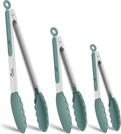 HOTEC Premium Stainless Steel Locking Kitchen Tongs with Silicon Tips, Set of 3-7", 9" and 12" (Sage Green)