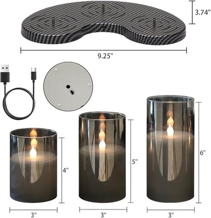 GenSwin Rechargeable Candles with Remote Timer, 3 Pack Glass Flameless Candles with Charging Base, Black LED Candles Flickering Battery Operated for Halloween Home Decorations(Set of 3, D3” x H4”5”6”)