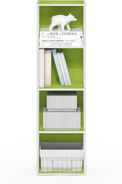 Furinno PASIR Book Shelf, 4-Tier Modern Bookshelf, Open Shelves Bookcase 9 x 12 x 42, for Living Room, Bedroom, Home Office, Green/White
