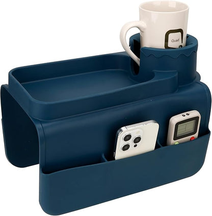 Silicone Couch Caddy for Wide Arms (6-12") with Cup Holder & Deep Sofa Remote Pockets - Anti-Slip Couch Arm Tray Table for Drinks, Phone, Snacks - Living Room Organizer (Blue)