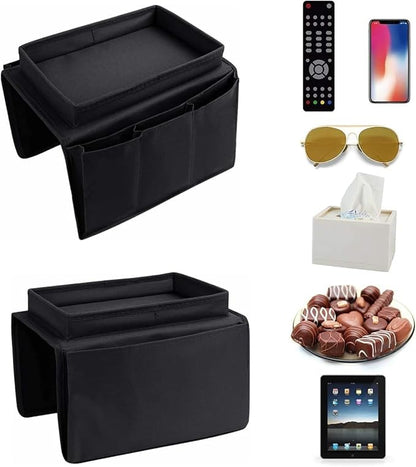 Sofa Armrest Organizer with Cup Holder No-Slip Couch Sofa Armrest Organiser Couch Remote Caddy Control Holder with 1 Large Pockets and 3 Small Pockets for TV Remotes Cellphone Magazines Drinks (Black)