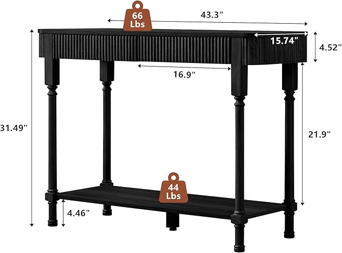 Fluted Console Table for Entryway, 43.3'' Narrow Entryway Tables with 2 Wooden Drawers, Retro Sofa Table Slim Behind Couch Accent Tables for Foyer, Living Room, Hallway (Black)