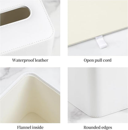 MEIBOOCH PU Leather Tissue Box Cover with Magnetic Closure, Square Tissue Box Holder with Rounded Edges Design (Cream-White, Square)