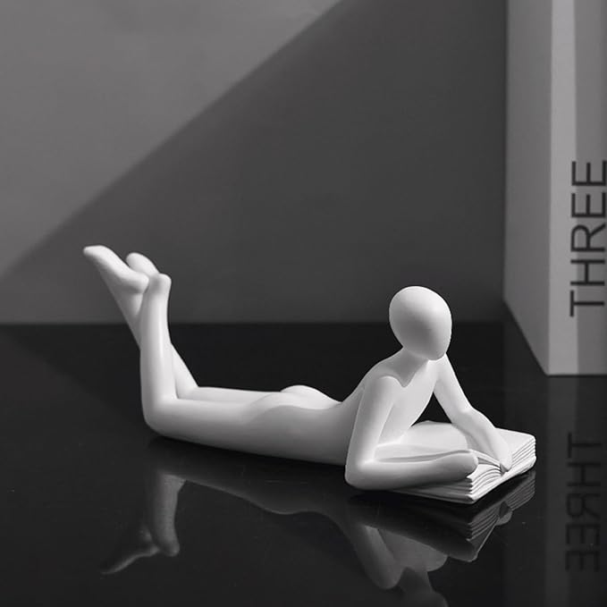 LINZHEN Style-A White Thinker Reads Book Decoration Reader Bookend for Home Aesthetic, Study, and Wine Cabinet – Stylish Shelf Decor Accent and Thoughtful Gift for Living Room, Bar, or Coffee Shop