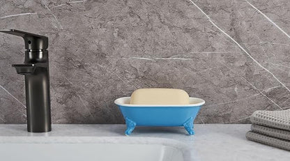 6.5" Ceramic Mini Decorative Clawfoot Bathtub Bar Soap Dish, Kitchen Sponge Holder and Shower Tray for Bathroom, 1 Pack(Pacific Blue)