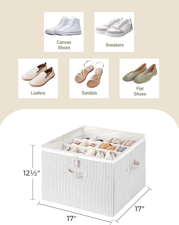 StorageWorks Shoe Organizer for Closet, Fits up to 16 Pairs, Shoe Cubby Storage Containers with Adjustable Dividers and Clear Cover, Khaki and Beige Stripes