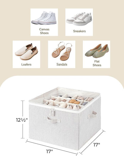 StorageWorks Shoe Organizer for Closet, Fits up to 16 Pairs, Shoe Cubby Storage Containers with Adjustable Dividers and Clear Cover, Khaki and Beige Stripes