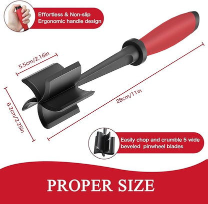 2 Meat Chopper, 5 Curve Blades Ground Beef Masher, Heat Resistant Meat Masher Tool for Hamburger Meat, Ground Beef, Turkey and More, Nylon Hamburger Chopper Utensil Non-scratch Utensils-red