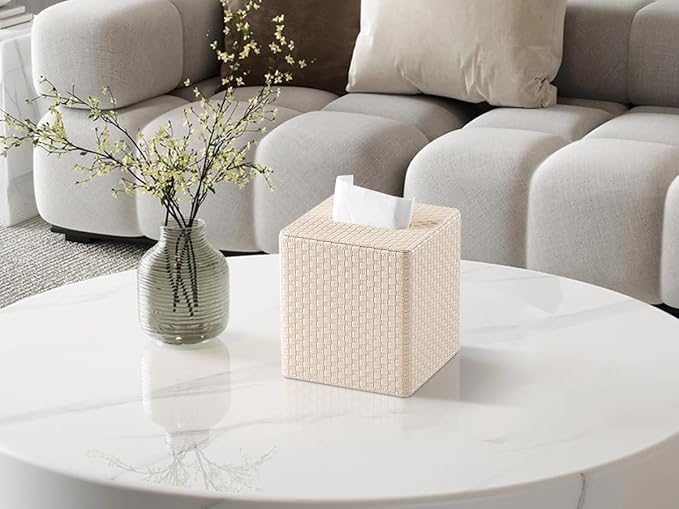 Square Tissue Box Cover, Stylish Leather Tissue Box Holder with Magnetic Bottom, Used As A Decorative Tissue Holder for Living Rooms, Bedrooms, and Desks (Beige Woven Pattern)-1