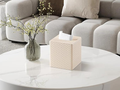 Square Tissue Box Cover, Stylish Leather Tissue Box Holder with Magnetic Bottom, Used As A Decorative Tissue Holder for Living Rooms, Bedrooms, and Desks (Beige Woven Pattern)-1