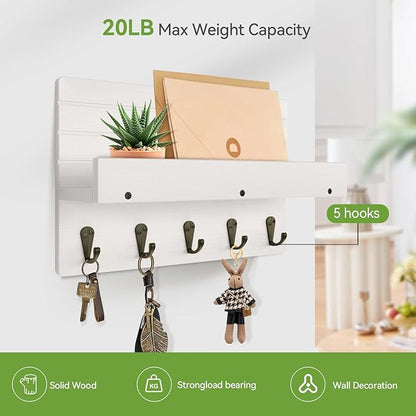 Key Holder for Wall, House Decor Mail Organizer Wall Mounted with Shelf & 5 Hooks for Hanging Dog Leash, Sunglasses, Hats, Rustic Key Rack Apartment Eseentials Wooden Key Hanger