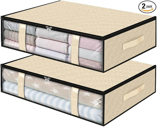 StorageRight Under Bed Storage Bags 2 Pack, 40L Large Clothes & Comforter Storage Containers with Clear Window, Breathable Fabric Organizer for Blankets, Bedding, Seasonal Clothing, Beige