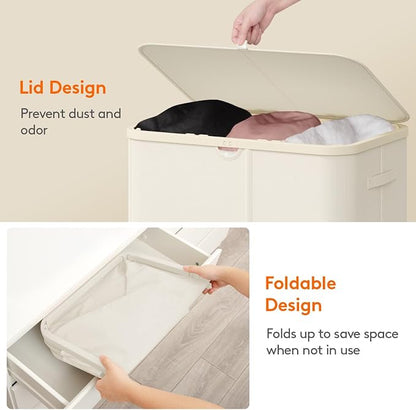 Lifewit 185L 3 Section Laundry Hamper with Lid, Large Laundry Basket with Handles and Removable Bags, Tall Clothes Hamper, Foldable Laundry Sorter for Bedroom Bathroom, White