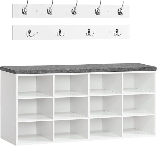 HOOBRO Shoe Storage Bench with Cushion, 39.4" L Entryway Bench with 12 Cubbies, Entryway Hall Tree with Storage, Cubby Shoe Rack Bench with Coat Rack for Hallway, Holds up to 330 lb, White WT112HX01