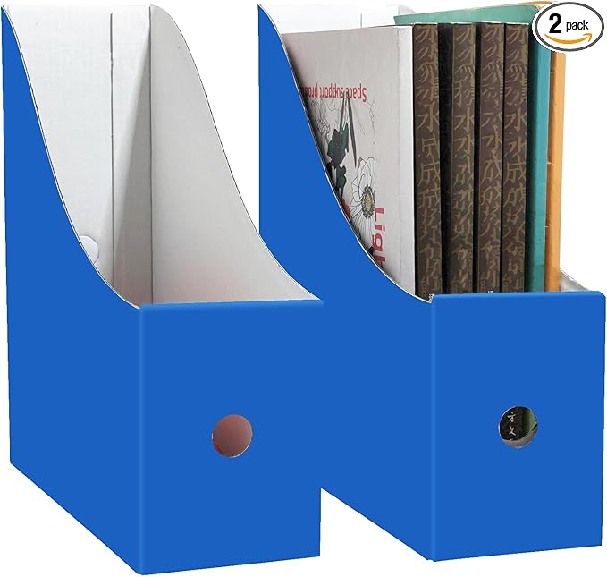 Limitliho 2 Pack Cardboard Magazine File Holder for Desktop ，Blue Book Bins for Classroom Library, Office or Home, Vertical Paper Boxes for Storage with Label(10.6" H x 10.2" L x 3.5" W in)