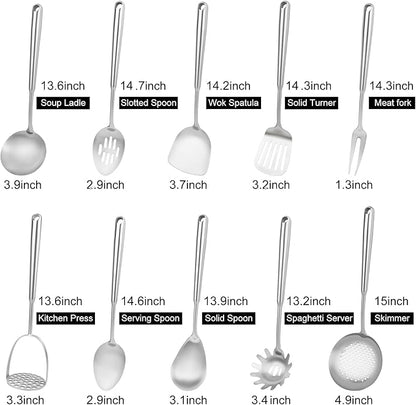 18 10 Stainless Steel Cooking Utensils Set, 10pcs Long Metal Kitchen Utensils Set Come with Spoon, Fork, Spatula, Ladle, Skimmer, Turner, Pasta Server(13-14inch)
